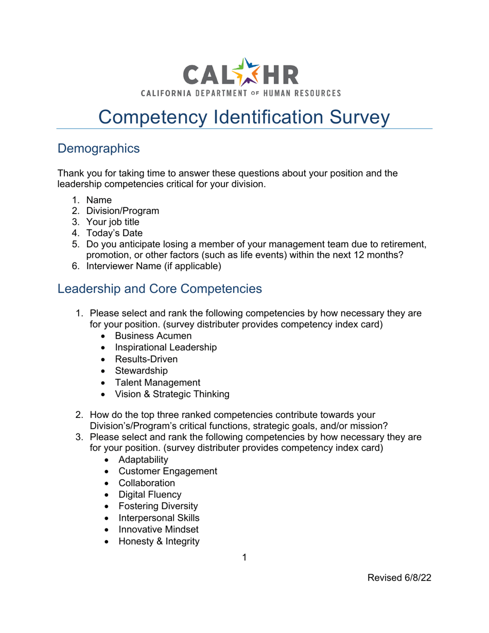 Competency Identification Survey - California, Page 1