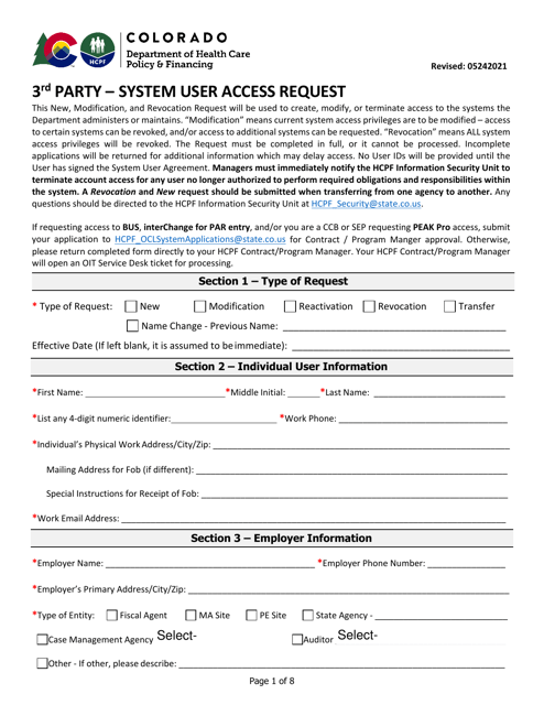 3rd Party - System User Access Request - Colorado Download Pdf