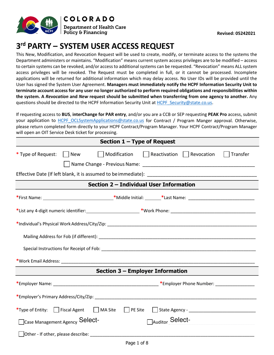 3rd Party - System User Access Request - Colorado, Page 1