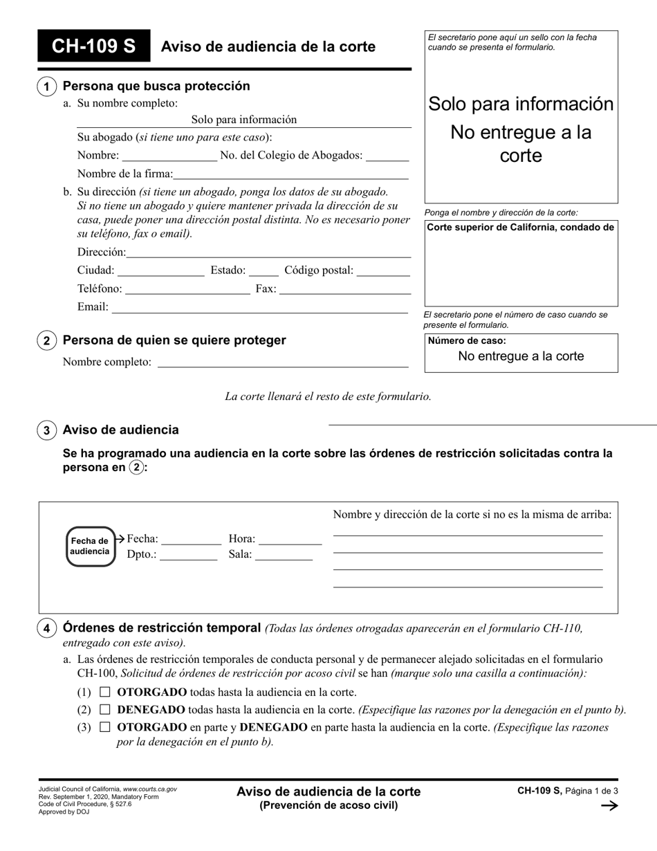 Formulario CH-109 Aviso De Audiencia De La Corte - California (Spanish), Page 1