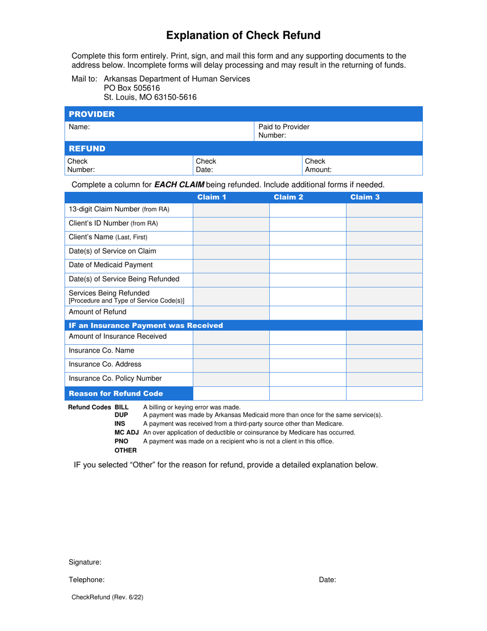 Arkansas Explanation of Check Refund Fill Out, Sign Online and
