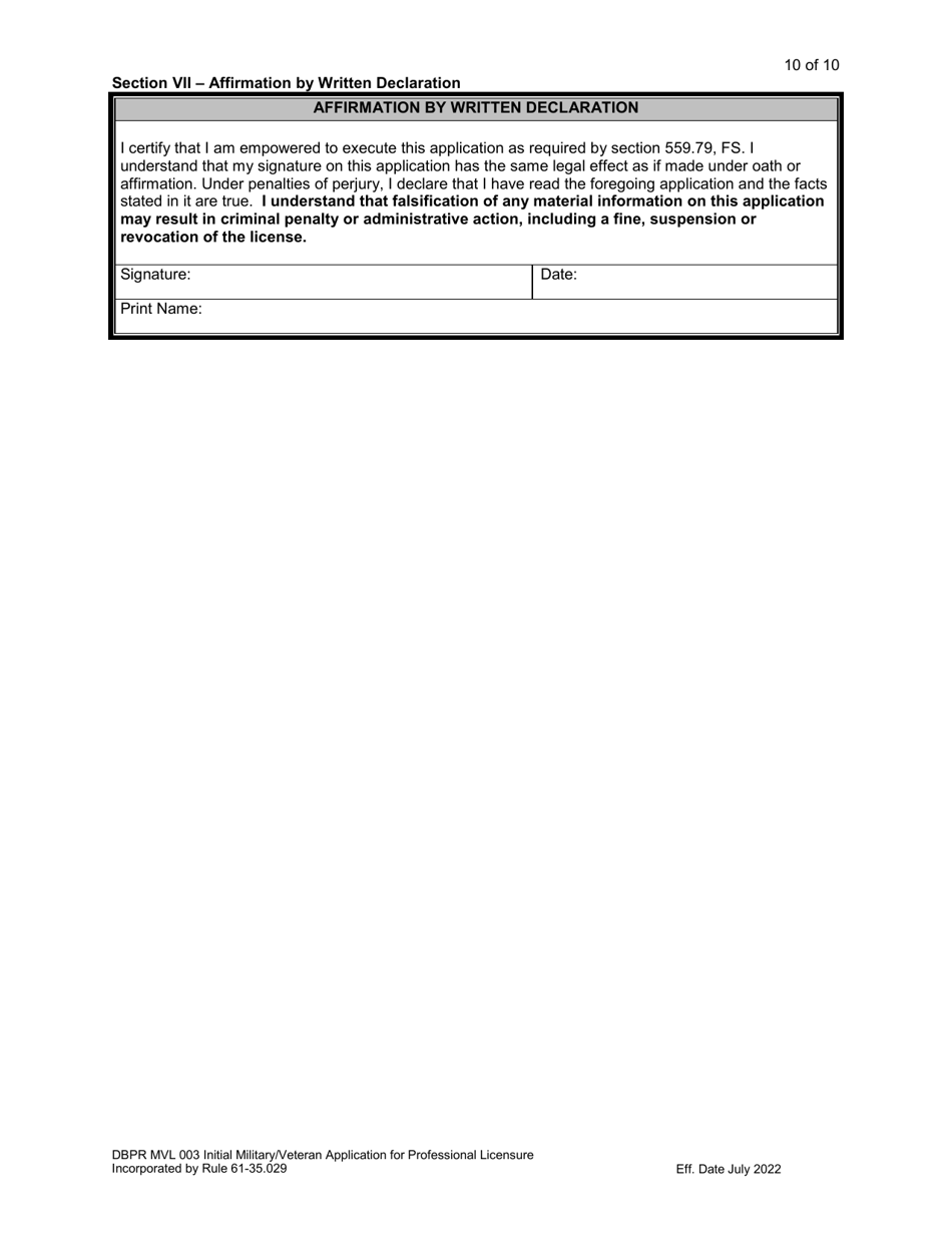 Form DBPR MVL003 Application for Initial Military / Veteran Application for Professional Licensure - Florida, Page 10