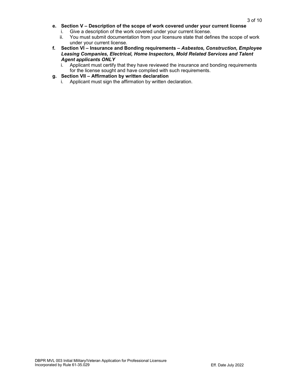 Form DBPR MVL003 Application for Initial Military / Veteran Application for Professional Licensure - Florida, Page 3