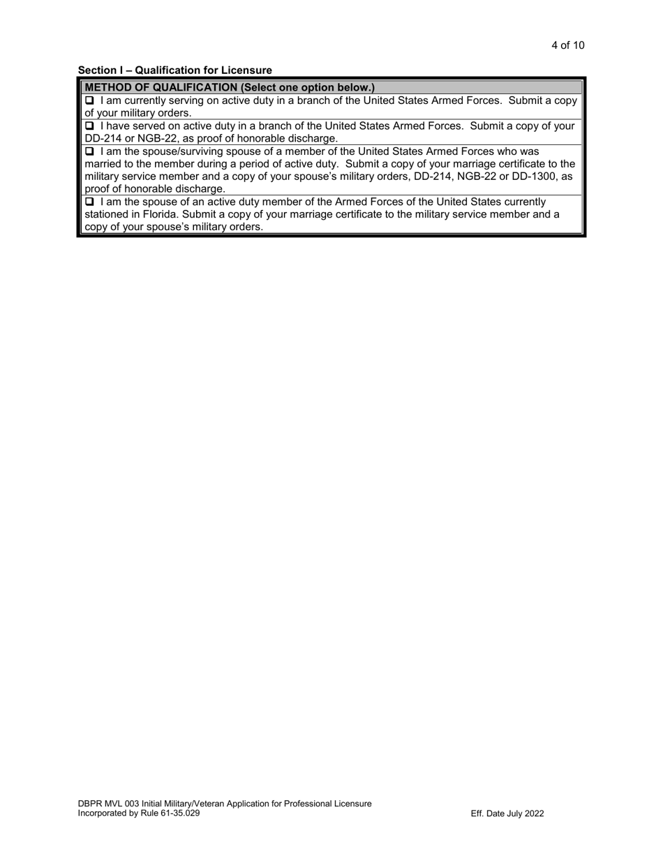 Form DBPR MVL003 Application for Initial Military / Veteran Application for Professional Licensure - Florida, Page 4