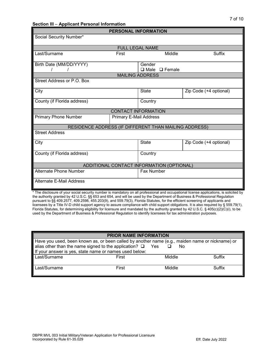Form DBPR MVL003 Application for Initial Military / Veteran Application for Professional Licensure - Florida, Page 7