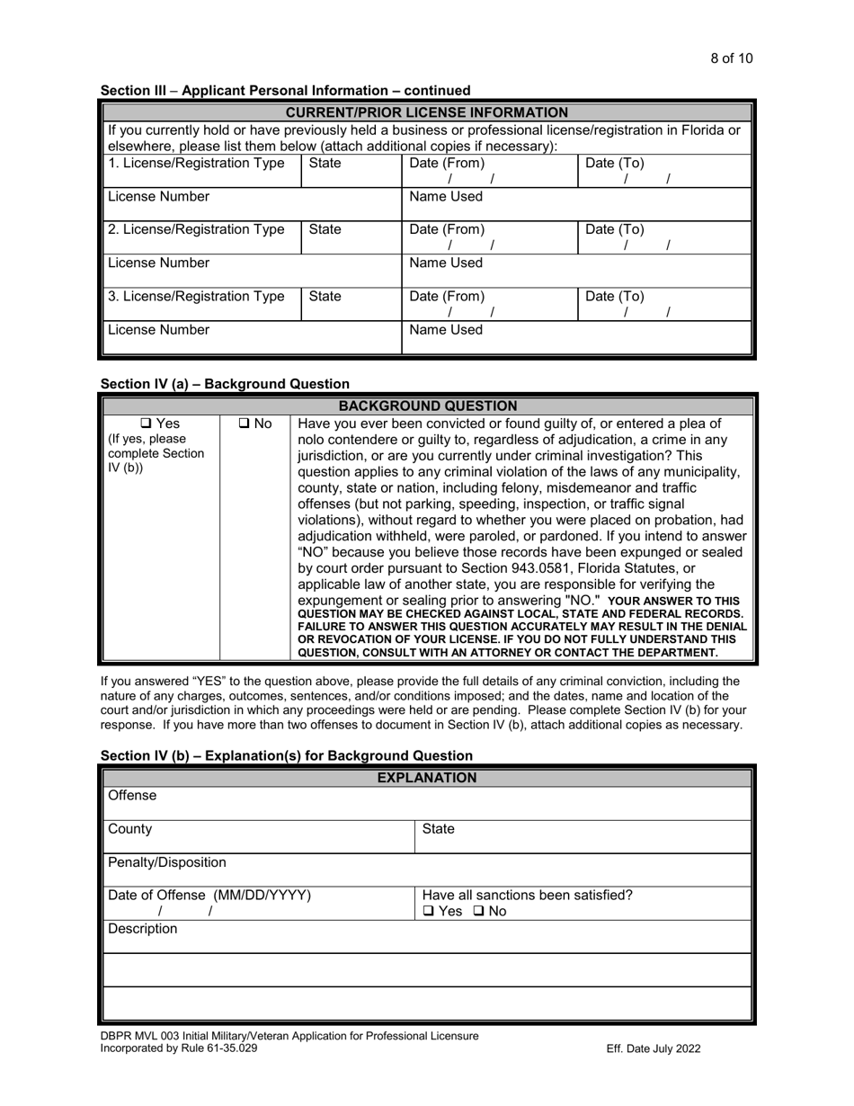 Form DBPR MVL003 Application for Initial Military / Veteran Application for Professional Licensure - Florida, Page 8