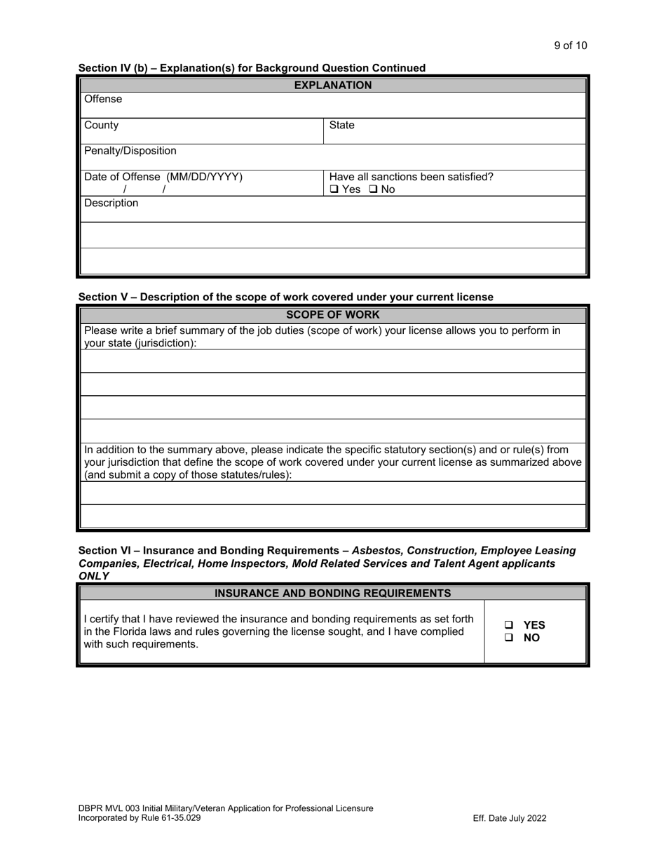 Form DBPR MVL003 Application for Initial Military / Veteran Application for Professional Licensure - Florida, Page 9
