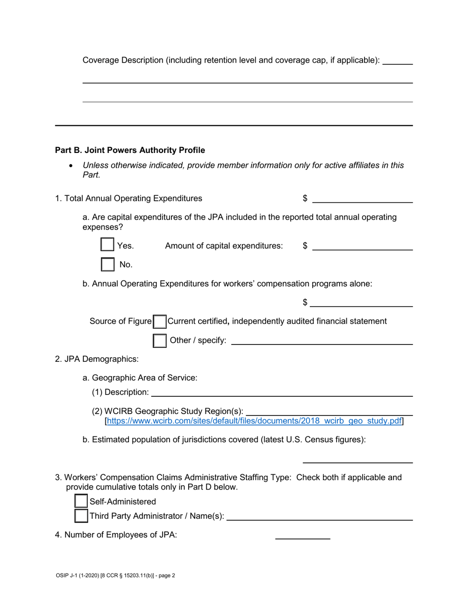 Form J-1 Joint Powers Authority (Jpa) Self-insurers Profile and Financial Summary Report - California, Page 2