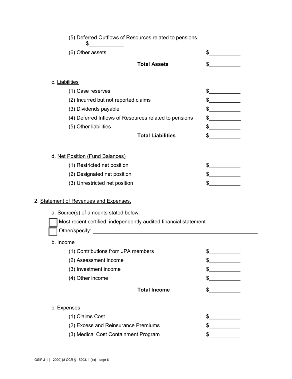 Form J-1 Joint Powers Authority (Jpa) Self-insurers Profile and Financial Summary Report - California, Page 6