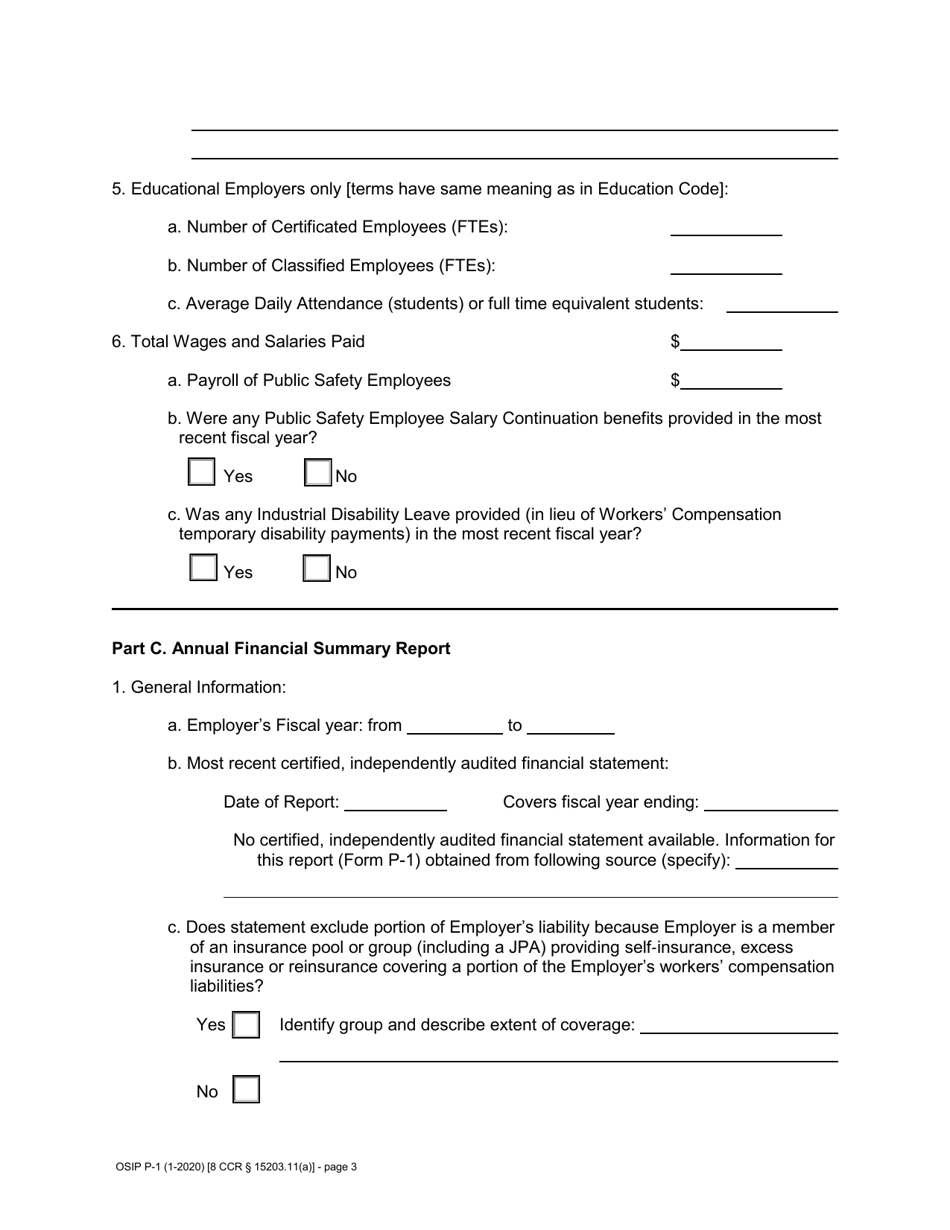 Form P-1 Self-insurers Profile and Financial Summary Report - California, Page 3