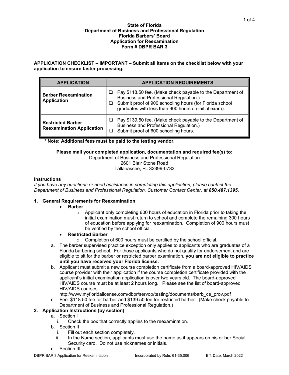Form DBPR BAR3 Application for Reexamination - Florida, Page 1