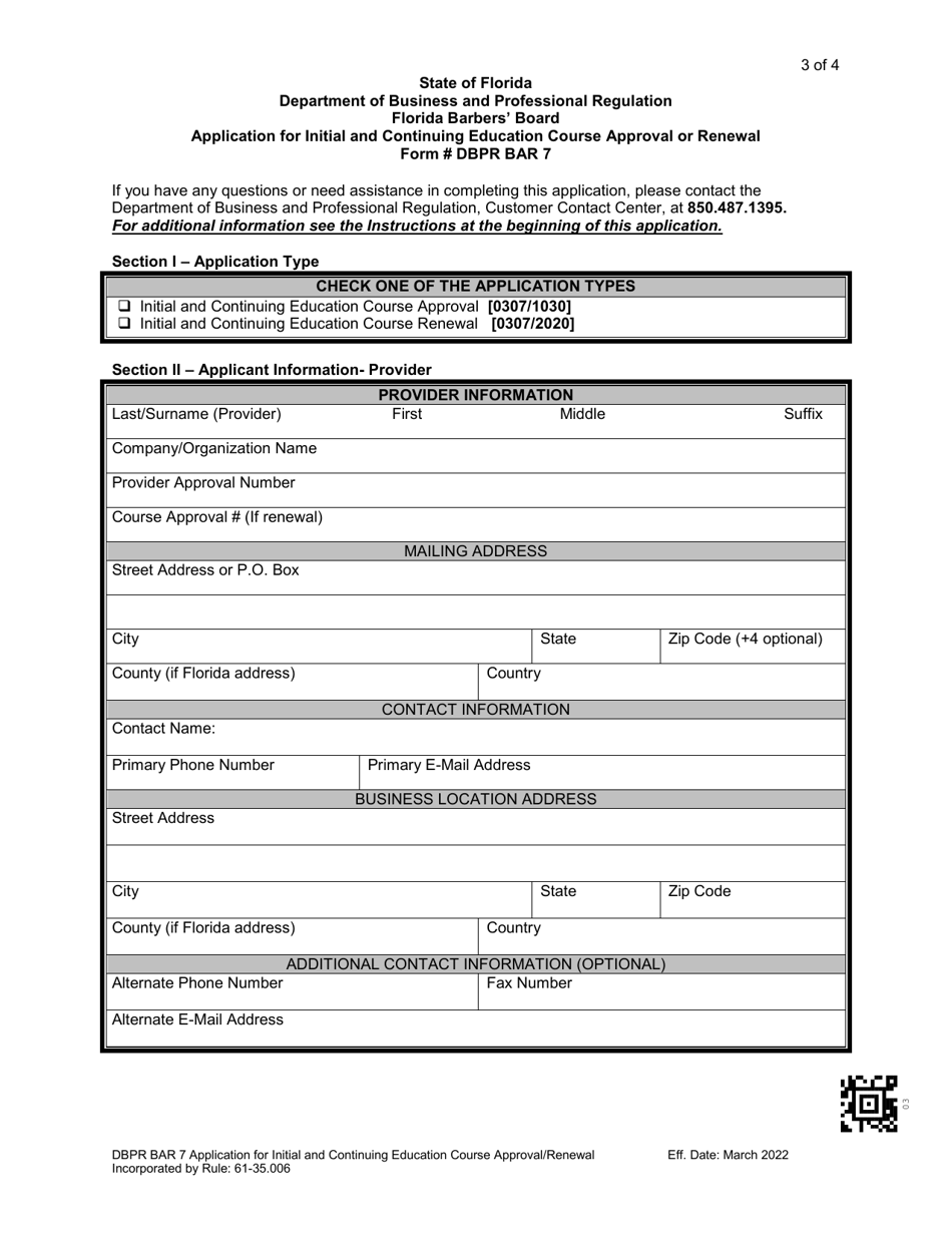 Form DBPR BAR7 Download Printable PDF or Fill Online Application for ...