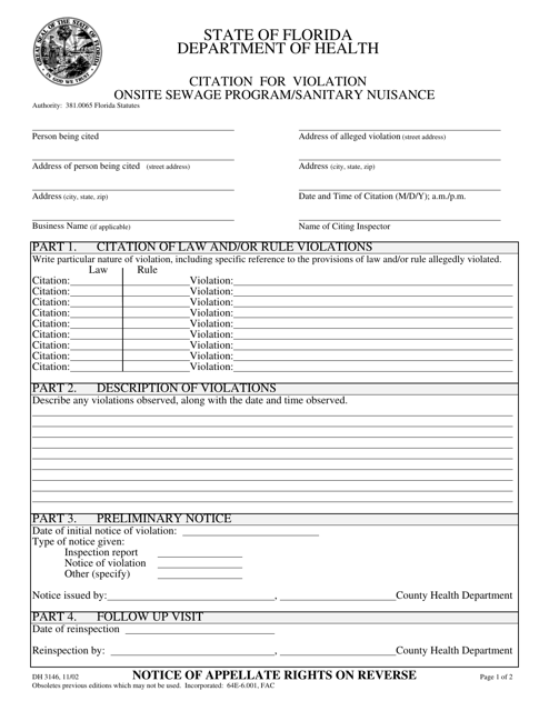 Form DH3146 Citation for Violation Onsite Sewage Program/Sanitary Nuisance - Florida