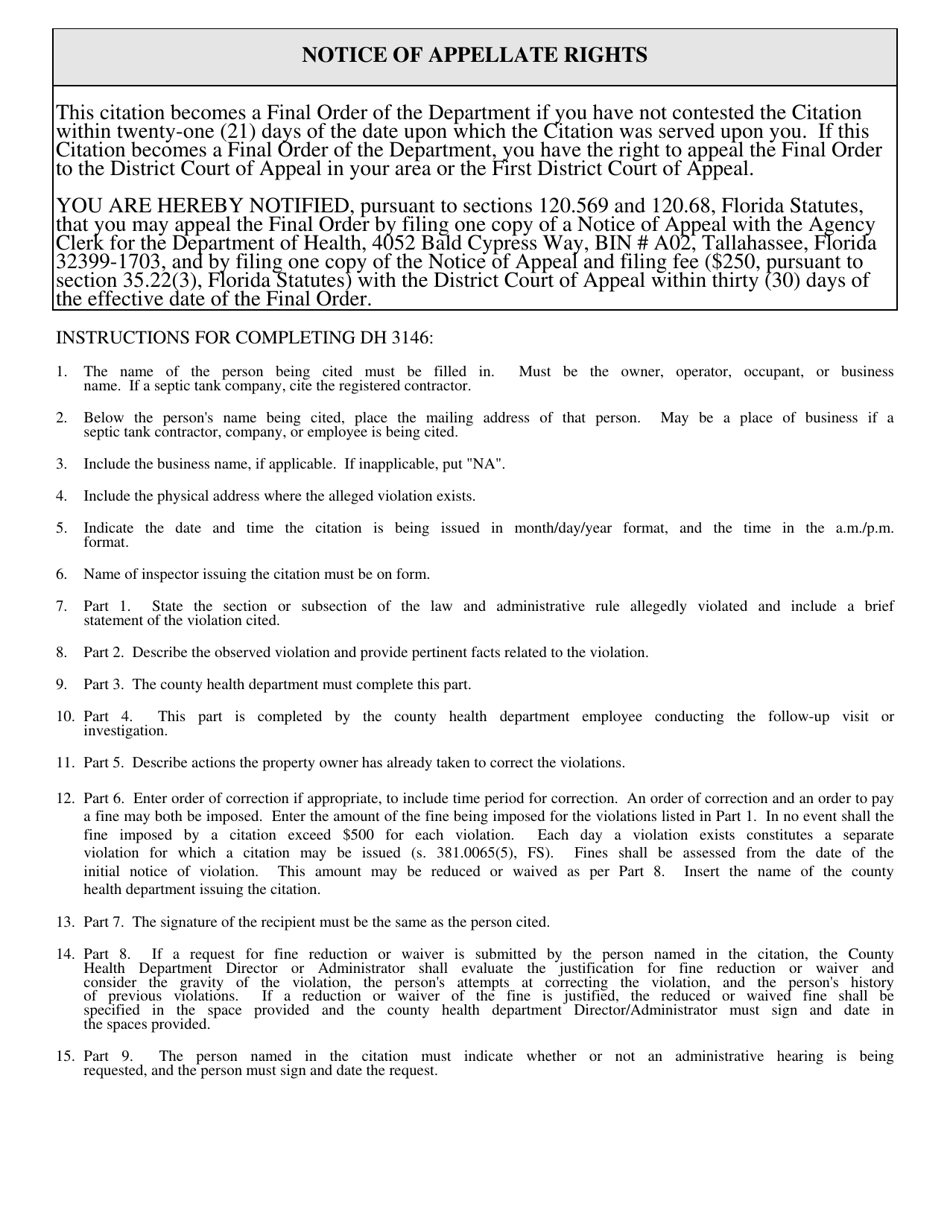 Form DH3146 Citation for Violation Onsite Sewage Program / Sanitary Nuisance - Florida, Page 3