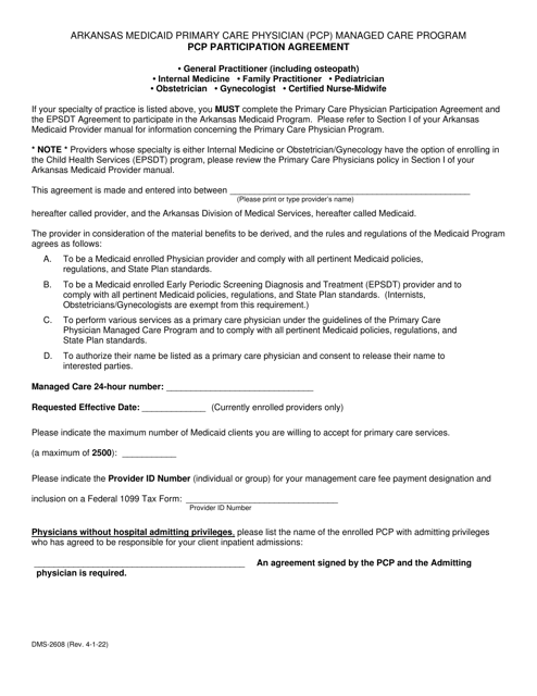 Form DMS-2608 Pcp Participation Agreement - Arkansas