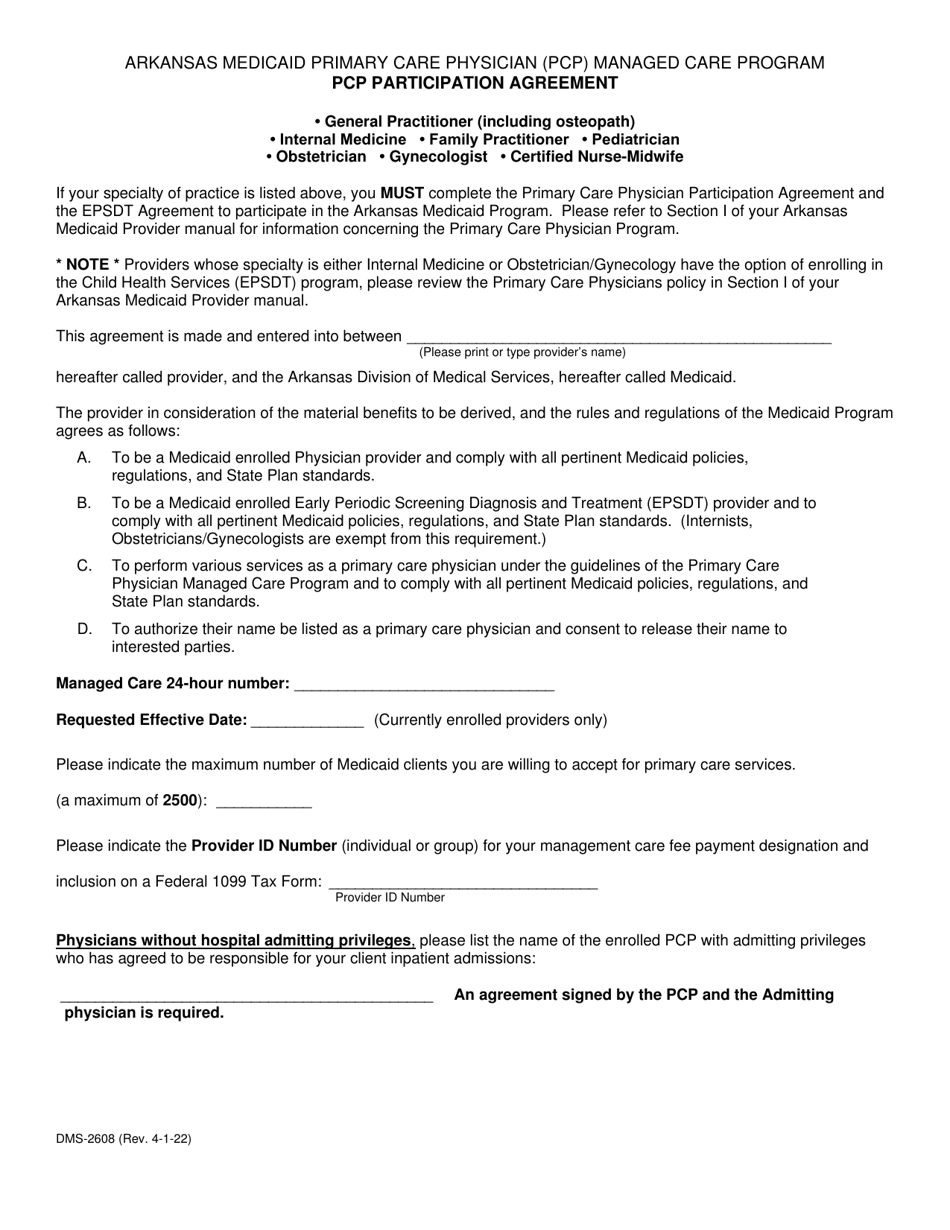 Form DMS-2608 Pcp Participation Agreement - Arkansas, Page 1