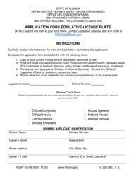 Form HSMV83109 &quot;Application for Legislative License Plate&quot; - Florida