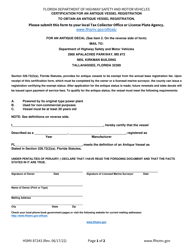 Form HSMV87243 &quot;Certification for an Antique Vessel Registration&quot; - Florida