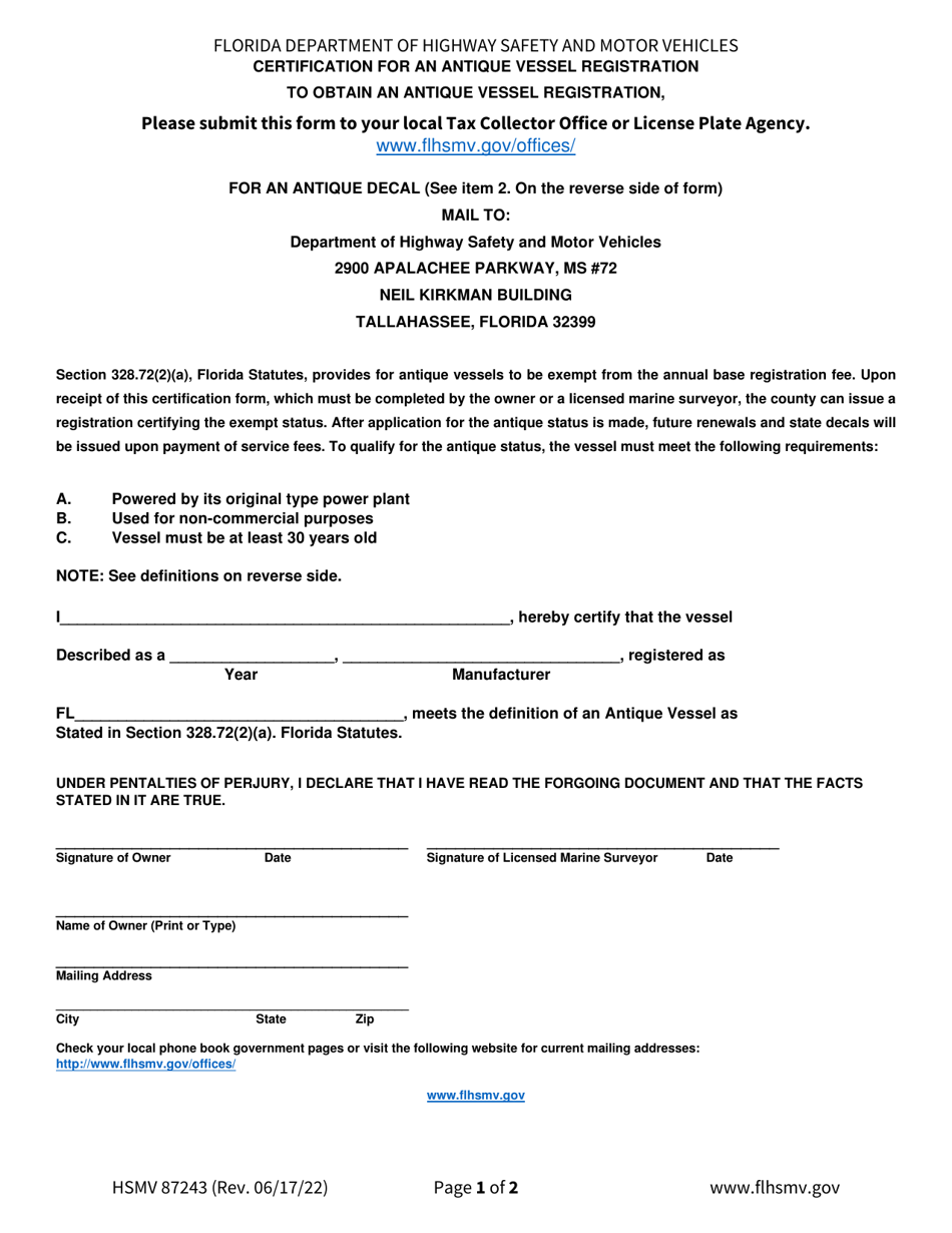 Form HSMV87243 Certification for an Antique Vessel Registration - Florida, Page 1