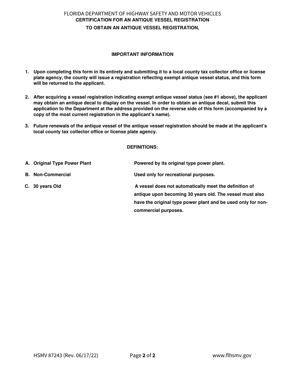Form HSMV87243 Certification for an Antique Vessel Registration - Florida, Page 2