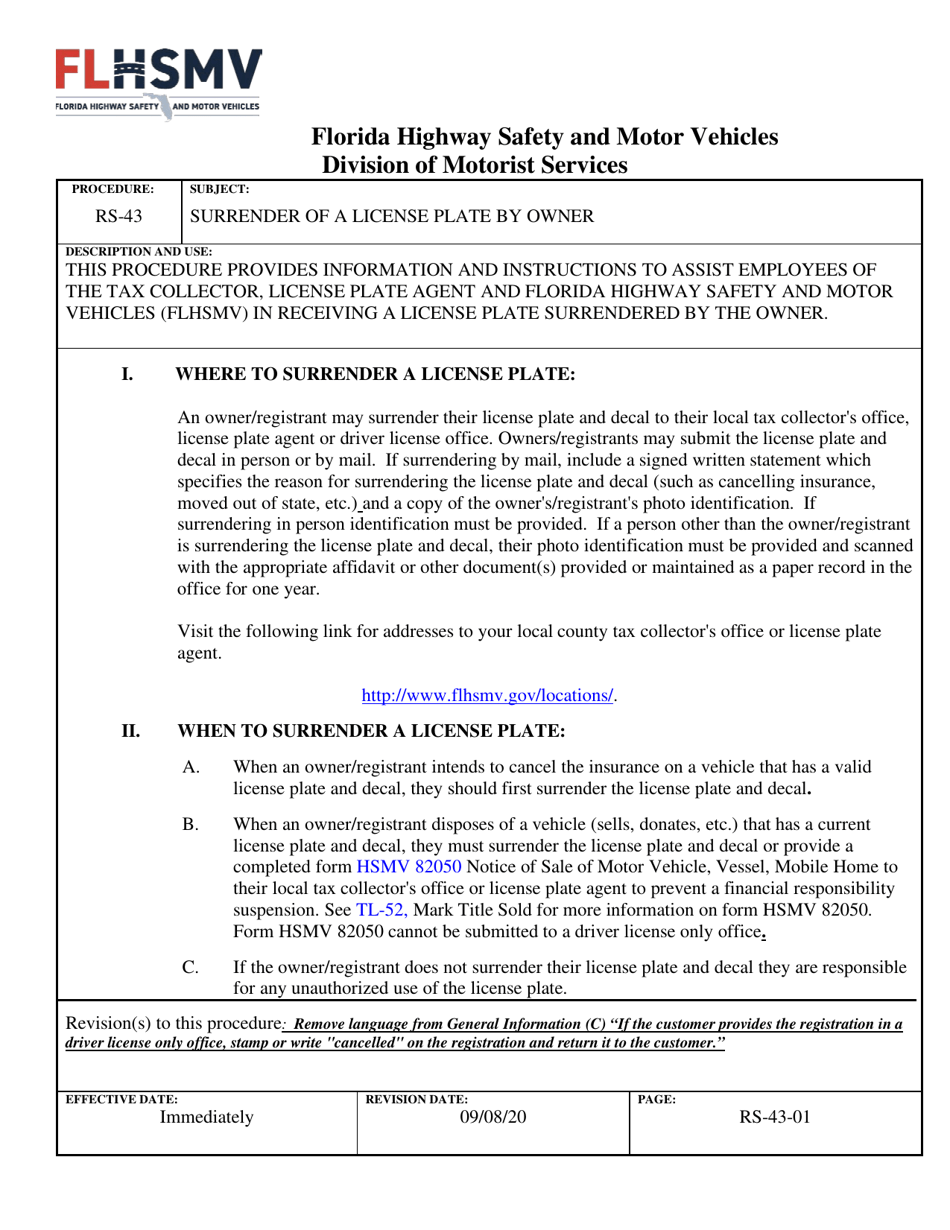 Form RS 43 Fill Out Sign Online And Download Printable PDF Florida   Form Rs 43 Surrender Of A License Plate By Owner Florida Print Big 