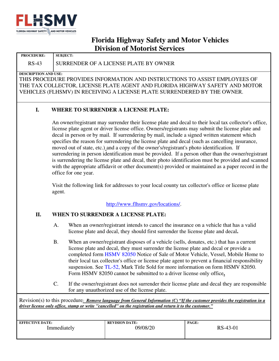 Form RS-43 Surrender of a License Plate by Owner - Florida, Page 1