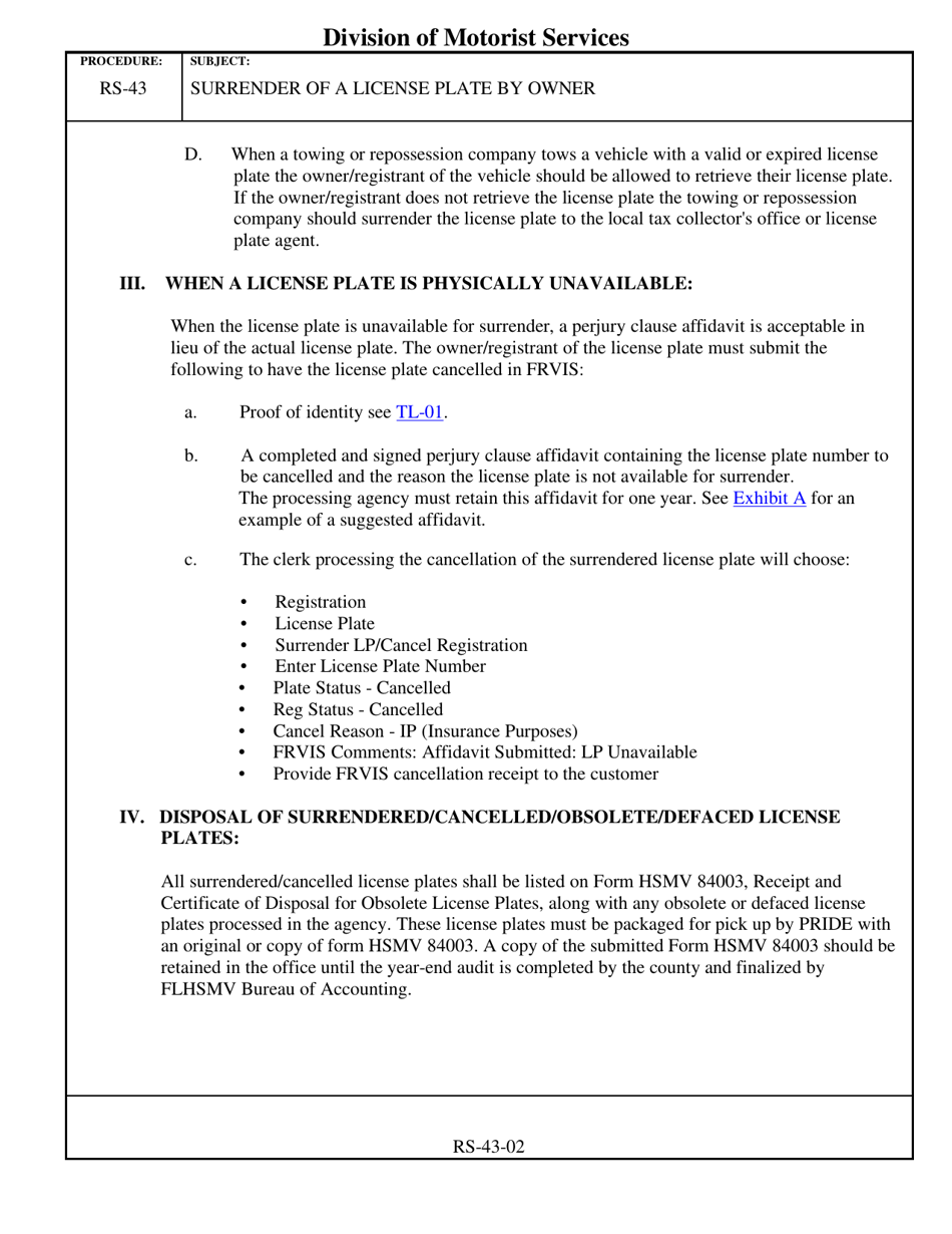 Form RS-43 Surrender of a License Plate by Owner - Florida, Page 2