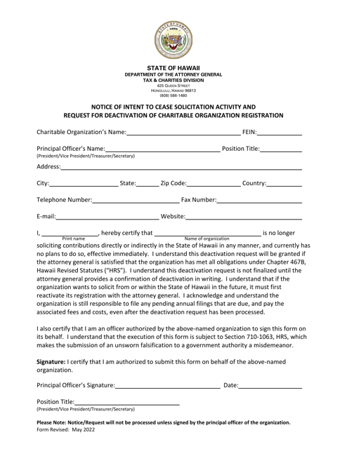Notice of Intent to Cease Solicitation Activity and Request for Deactivation of Charitable Organization Registration - Hawaii Download Pdf