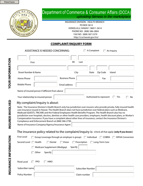 Complaint / Inquiry Form - Hawaii Download Pdf
