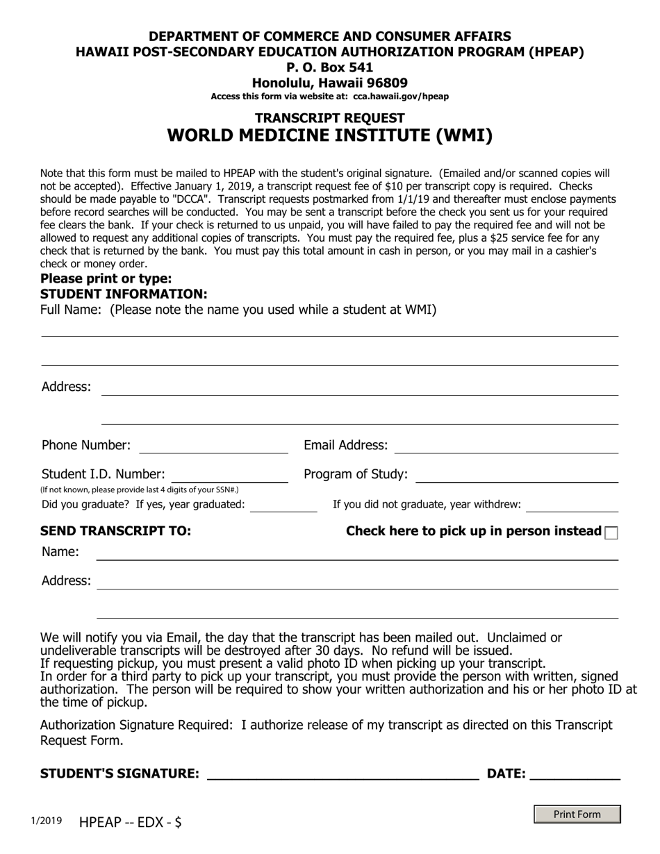 World Medicine Institute (Wmi) Transcript Request - Honolulu, Hawaii, Page 1