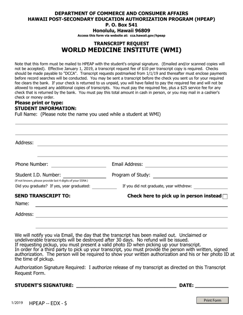World Medicine Institute (Wmi) Transcript Request - Honolulu, Hawaii Download Pdf