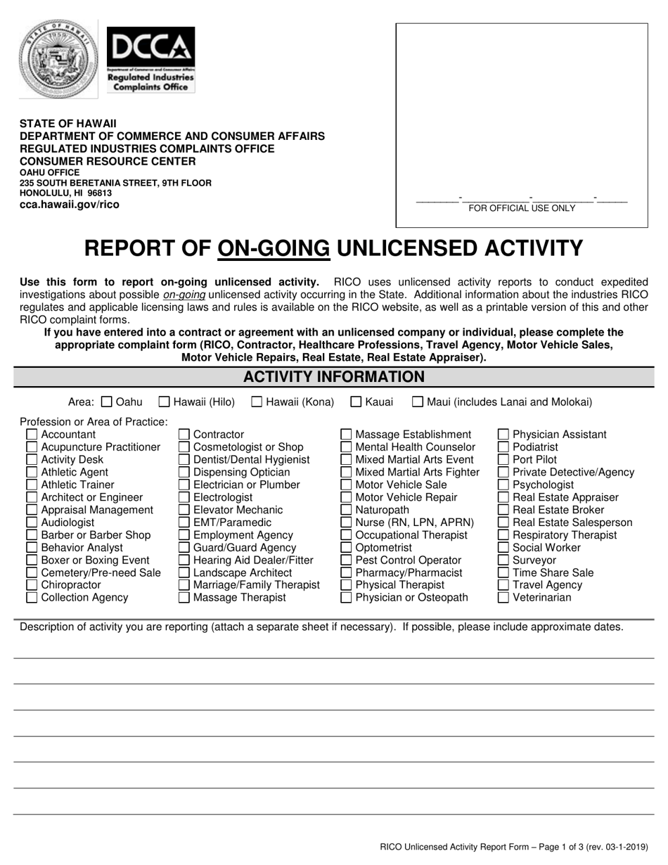 Report of on-Going Unlicensed Activity - Hawaii, Page 1