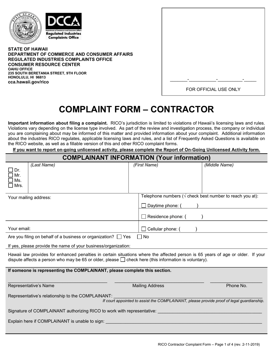 Complaint Form - Contractor - Hawaii, Page 1