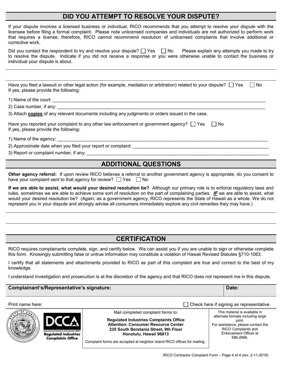 Complaint Form - Contractor - Hawaii, Page 4