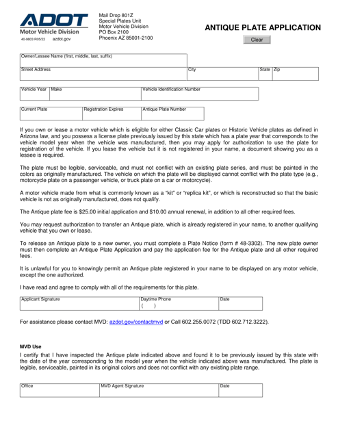 Form 40-9803 Antique Plate Application - Arizona