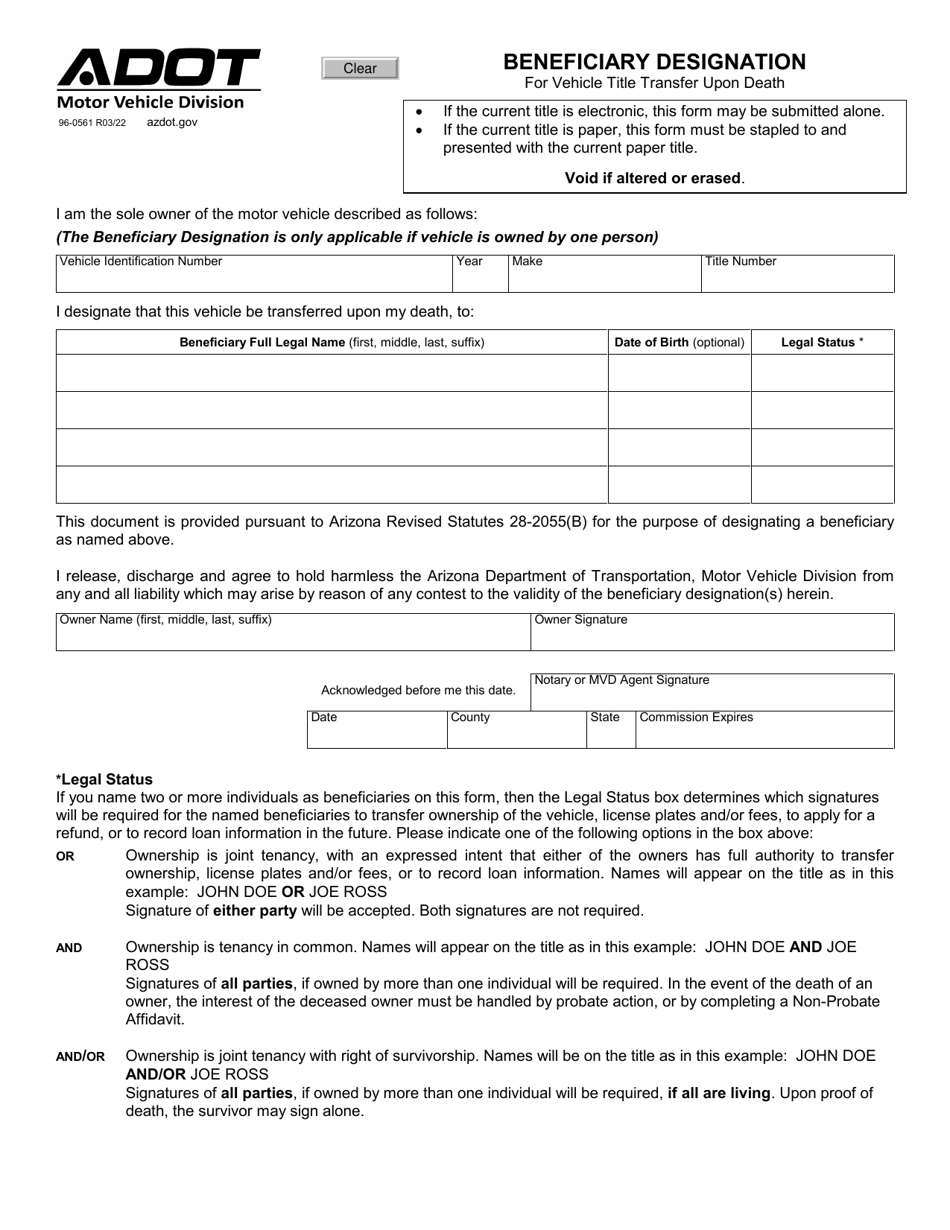 Form 96-0561 Beneficiary Designation - Arizona, Page 1