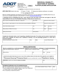 Form 96-0104 Individual Disability - Deaf/Hard of Hearing Plate/Placard Application - Arizona