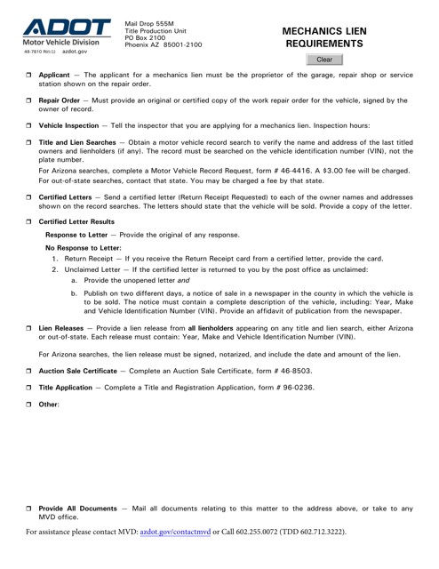 Form 48-7810 Mechanics Lien Requirements - Arizona