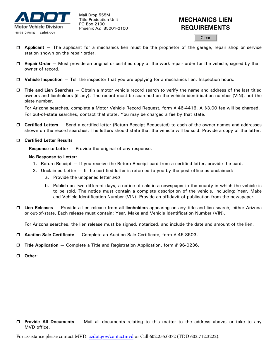 Form 48-7810 Mechanics Lien Requirements - Arizona, Page 1