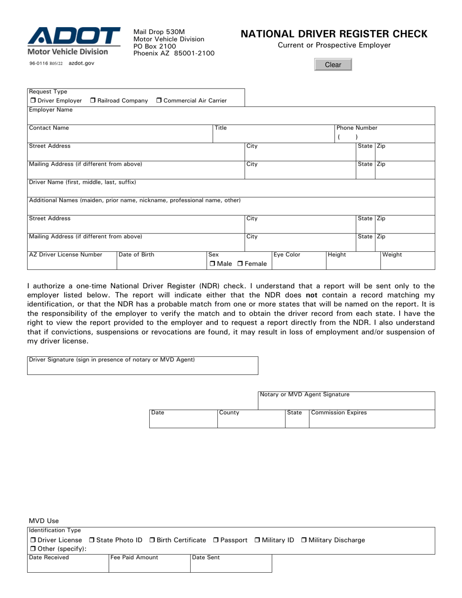 Form 96-0116 National Driver Register Check - Arizona, Page 1