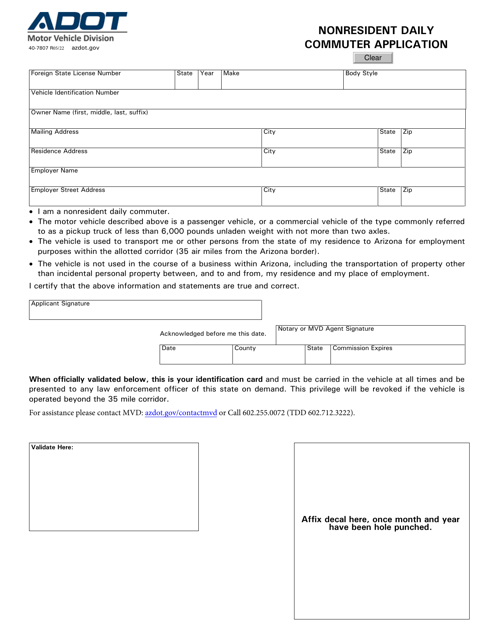 Form 40-7807 Nonresident Daily Commuter Application - Arizona