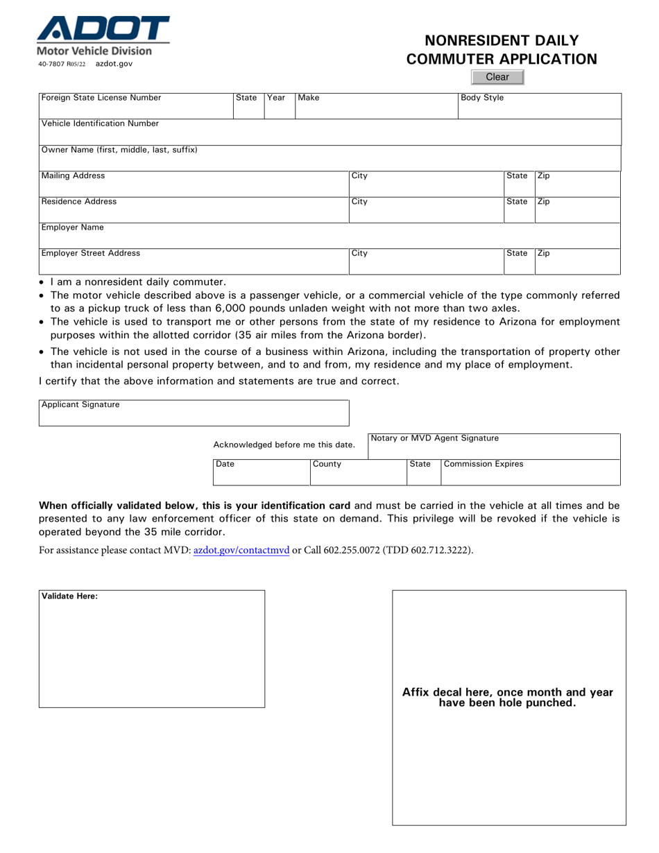 Form 40 7807 Download Fillable Pdf Or Fill Online Nonresident Daily Commuter Application 0401