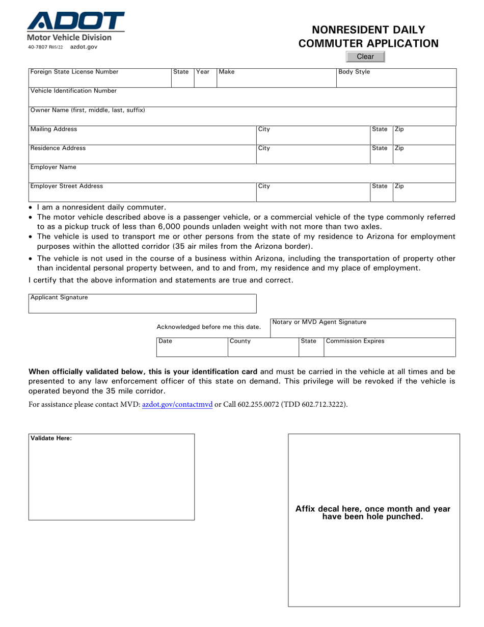 Form 40-7807 Nonresident Daily Commuter Application - Arizona, Page 1