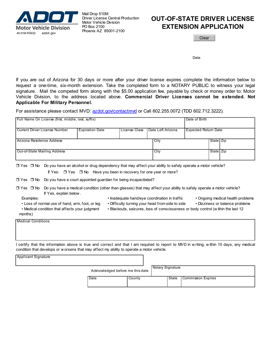 Form 40-5154 Out-of-State Driver License Extension Application - Arizona, Page 1