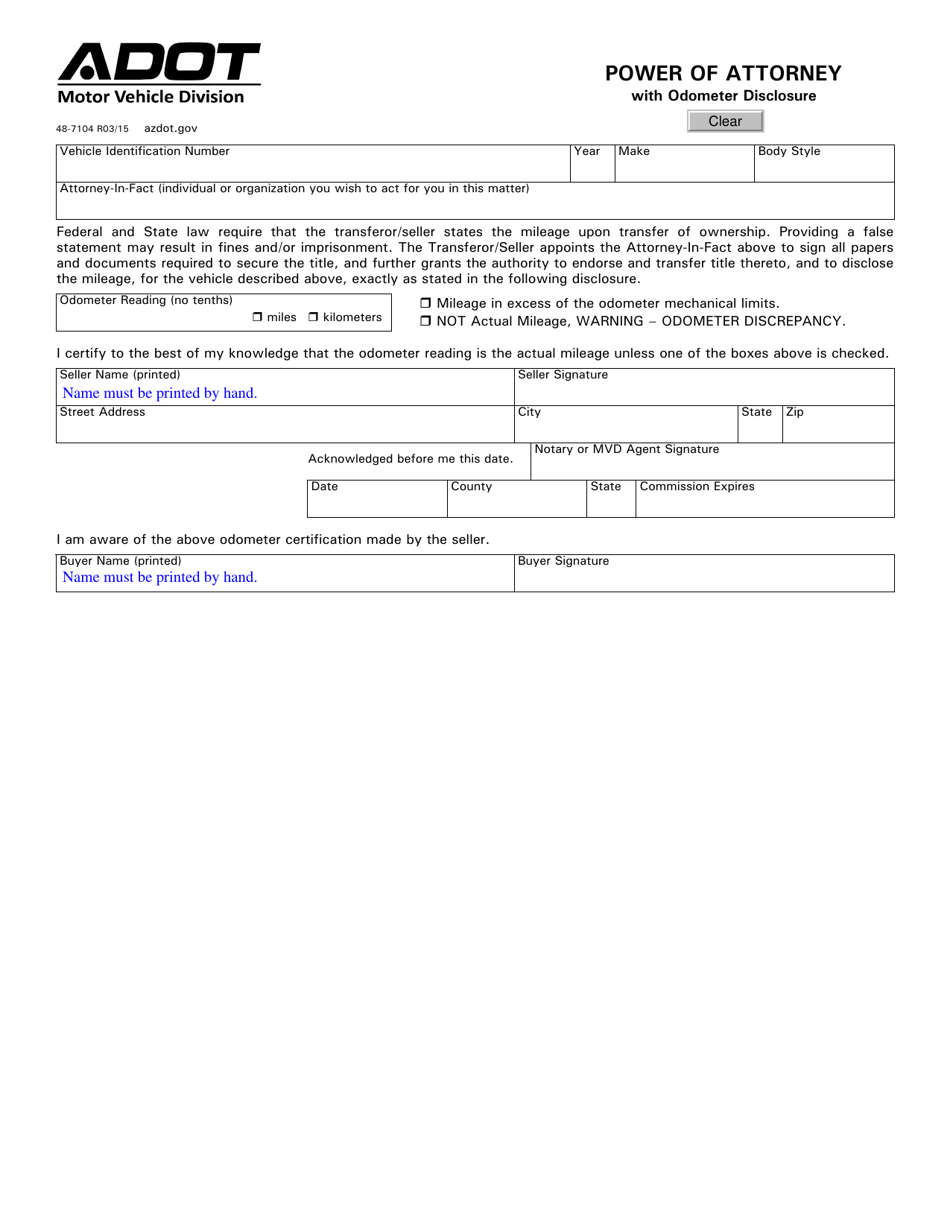 Form 48-7104 Power of Attorney With Odometer Disclosure - Arizona, Page 1