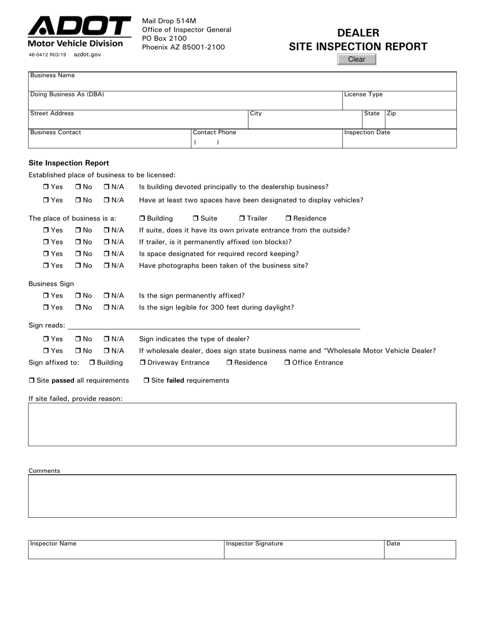 Form 46-0412 Dealer Site Inspection Report - Arizona, Page 1