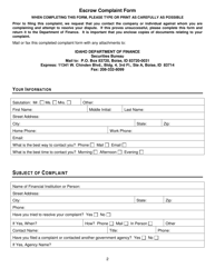 Escrow Complaint Form - Idaho, Page 2