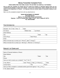 Money Transmitter Complaint Form - Idaho, Page 2
