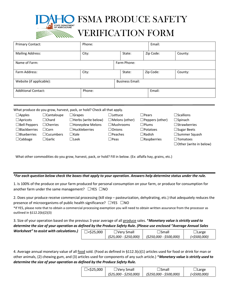Fsma Produce Safety Verification Form - Idaho, Page 1