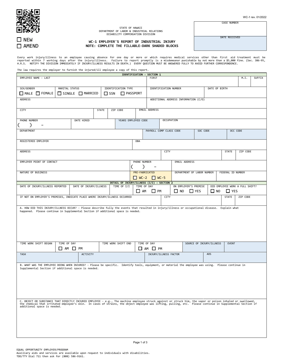 Form WC-1 Download Fillable PDF or Fill Online Employer's Report of ...